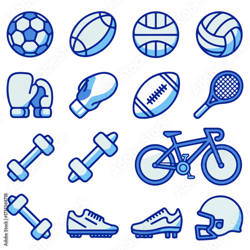 Comprehensive collection of blue line art icons depicting various sports equipment for athletic competition and fitness training activities