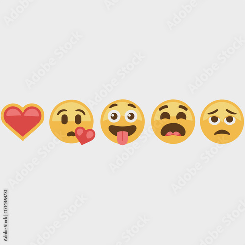 A vibrant set of flat vector emoticons showing a variety of expressions including a heart, kissing face, winking, and sad face for modern digital communication concepts