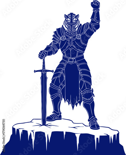 triumphant tiger knight a navy blue silhouette of frozen victory, isolated on transparent background