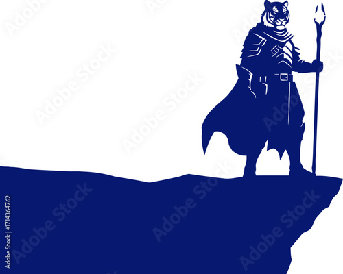 tiger shamans clifftop vigil a navy blue silhouette of mystical power and ancient wisdom, isolated on transparent background