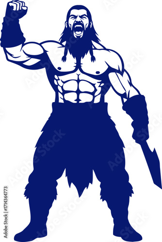 triumphant barbarian warrior a blue silhouette of unbridled rage and victory, isolated on transparent background