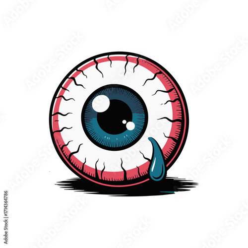 An isolated vector illustration of a sad, crying eyeball with a blue iris and bloodshot veins. Creepy and emotional cartoon graphic art