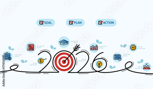 Happy new year 2026 target icons with business concept. Planning for goal and success. New Year resolution, goal, plan, action background banner vector. Annual plan and development for achievement.