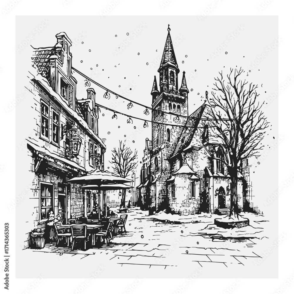 Obraz premium Hand-Drawn Winter Scene with Church and Snowy Street in Engraving Style