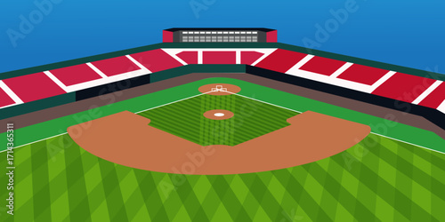 Vector illustration of a baseball stadium with field and empty red seats.