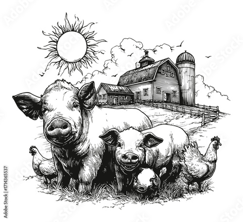 Detailed Hand-Drawn Engraving of a Farm Scene with Animals and Barn