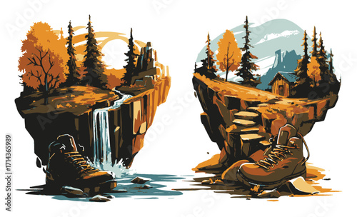 Scenic View of Adventurer High Above Waterfall in Vibrant Sunset Landscape
