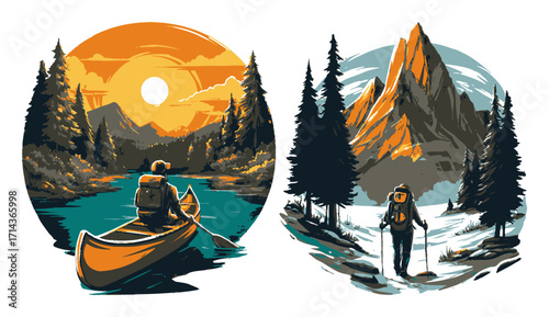Scenic Nature Illustration with Hiker, Lake, and Rocky Landscape