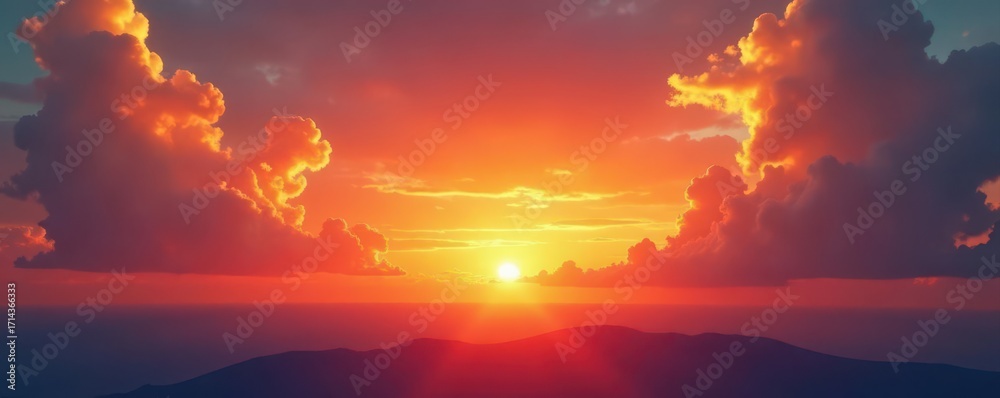 Naklejka premium Fiery sunrise paints orange sky, silver clouds glow , bright, background, sun