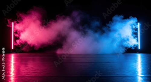 Neon lights and smoke create vibrant atmosphere on a dark floor