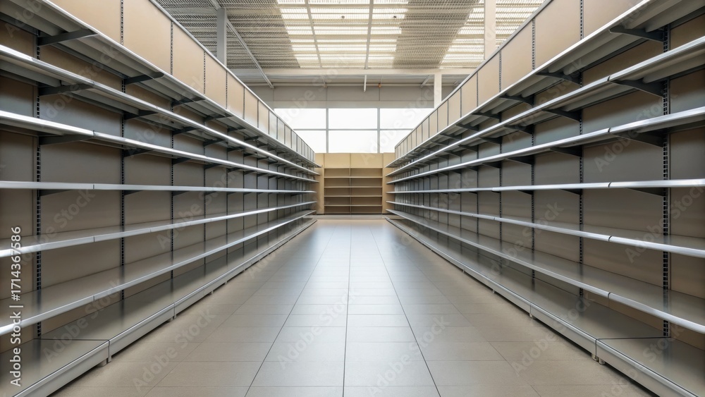 Fototapeta premium Empty shelves in a spacious store aisle, showcasing a modern retail environment with ample lighting and a clear perspective.