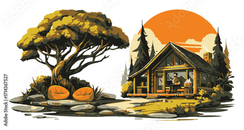 Serene Farmer Working on Laptop Surrounded by Nature and Fruit Trees