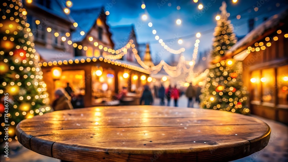 Obraz premium Wooden Tabletop with Blurred Christmas Market Background and Festive Lights at Night