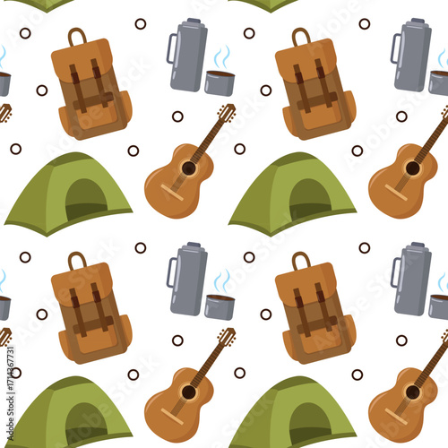 Tourist pattern with a tent, backpack, thermos and guitar