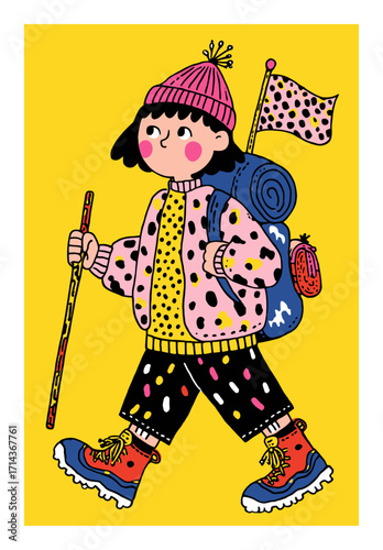 Cheerful Child Adventurer in Bright Outfit with Hiking Gear and Backpack