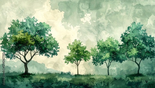 Watercolor Trees on a grunge texture background, wallpaper for interiors. green wallpaper for interior