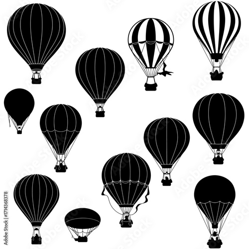 Collection of stylized hot air balloons silhouette set diverse designs for advertising and creative projects isolated on white background Vector Illustration