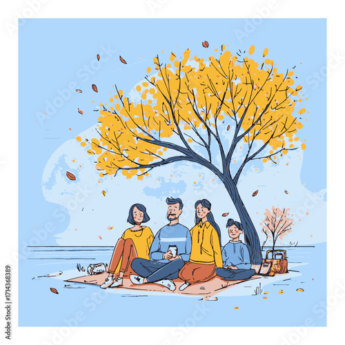 Family Picnic in Autumn Under a Colorful Tree with Falling Leaves