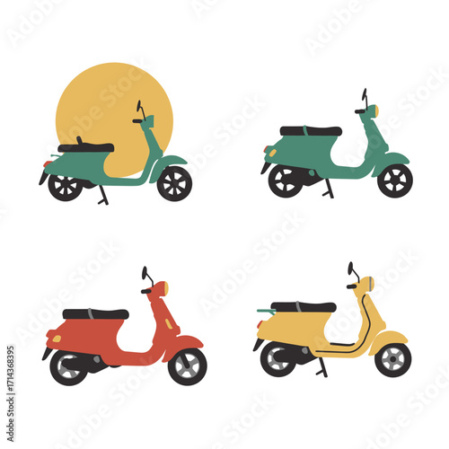 Retro scooter collection four vibrant classic italian style motorbikes for urban commuting and leisure travel isolated on white background Vector Illustration