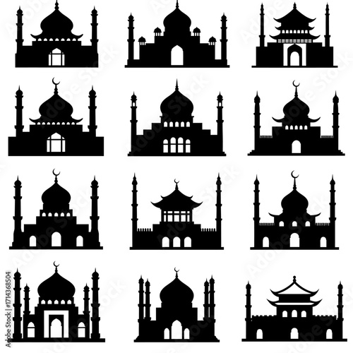 Collection of silhouetted architectural landmarks featuring mosques temples and asian pagodas for diverse design applications isolated on white background Vector Illustration