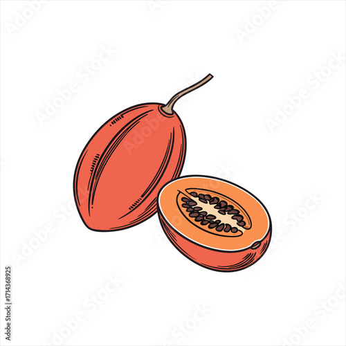 Illustration of a whole tamarillo fruit and a halved tamarillo fruit