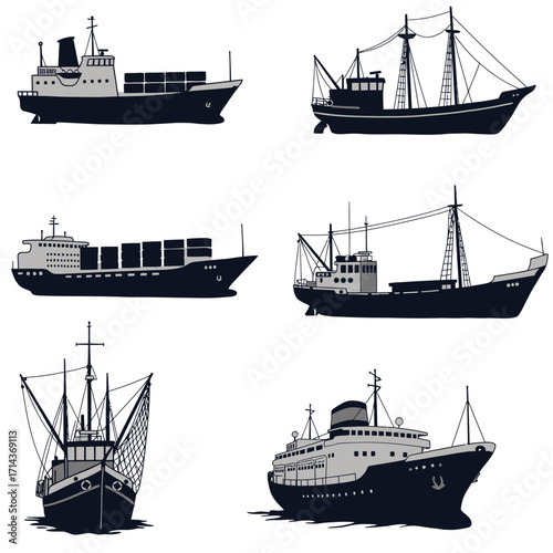 Collection of six silhouette maritime vessels including container ships cargo freighters and sailing ships for nautical and marine themed projects isolated on white background Vector Illustration