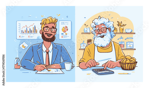 Cartoon Vector Illustration of a Businessman and a Chef at Work