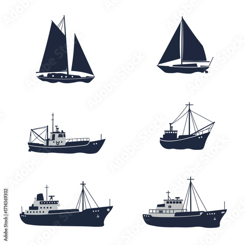 Collection of diverse nautical vessels including sailboats and cargo ships offering maritime transportation and ocean adventure imagery isolated on white background Vector Illustration
