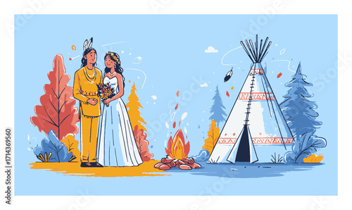 Cartoon Couple in Traditional Attire Near a Teepee in Nature Illustration