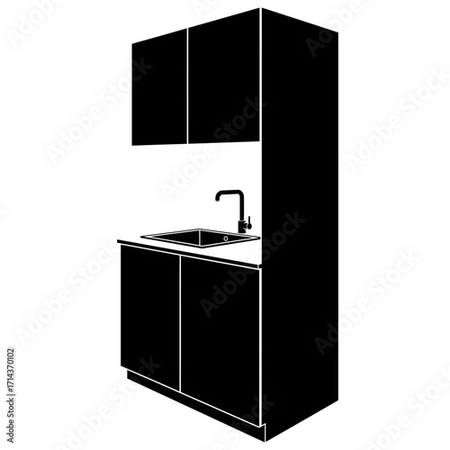 Modern kitchen cabinetry and integrated sink design with sleek faucet for contemporary home interiors isolated on white background Vector Illustration