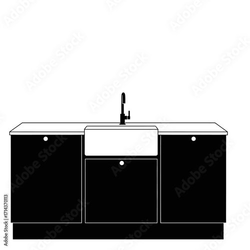 Modern kitchen countertop unit with sink and faucet sleek black design for contemporary homes isolated on white background Vector Illustration