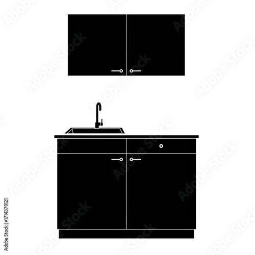 Modern black kitchen cabinetry with integrated sink and faucet ready for interior design or renovation projects isolated on white background Vector Illustration