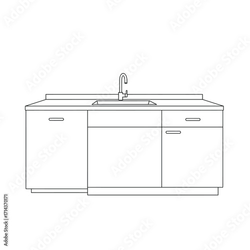 Modern kitchen sink and cabinetry line drawing for interior design and home renovation projects featuring a sleek fixture and storage isolated on white background Vector Illustration