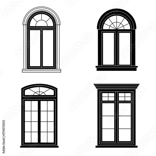 Set of four architectural window styles detailed black and white line art collection for design projects architectural elements isolated on white background Vector Illustration