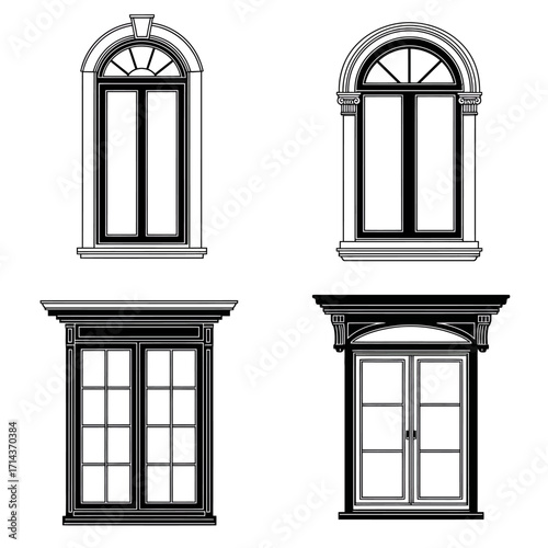 Classic architectural window designs featuring arched and rectangular styles for elegant building facades and interior decor isolated on white background Vector Illustration