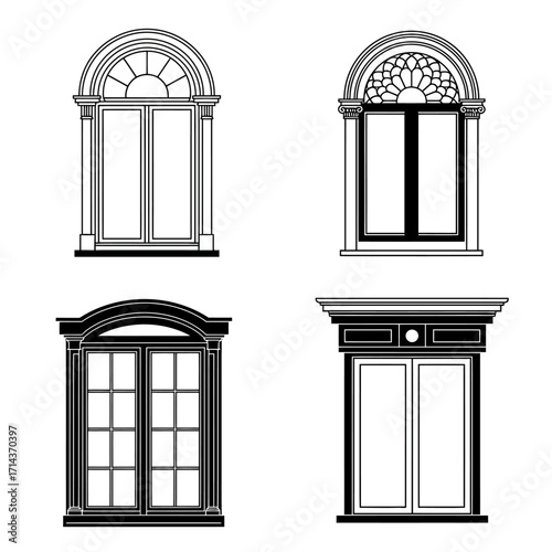 Collection of four ornate architectural window designs featuring classic pediments and decorative grilles for exterior facades isolated on white background Vector Illustration