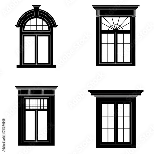 Collection of architectural window designs including arched fanlight and traditional double-hung styles for exterior facade enhancement isolated on white background Vector Illustration