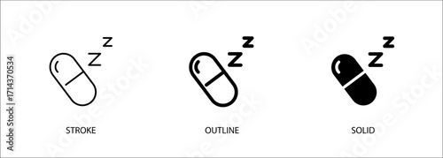 Sleeping pill icon for sleep aid, side effects, sedative. Vector stroke, outline and solid icon. Eps10 file.