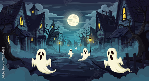 Spooky Halloween night in a haunted village with ghosts floating down a street.