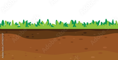 Green grass and ground cross-section, seamless underground level texture. Cutaway, cut lawn surface and soil.