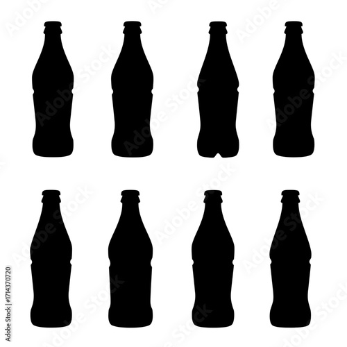 Collection of eight black glass soda bottle silhouettes in a grid format perfect for beverage branding and design projects isolated on white background Vector Illustration
