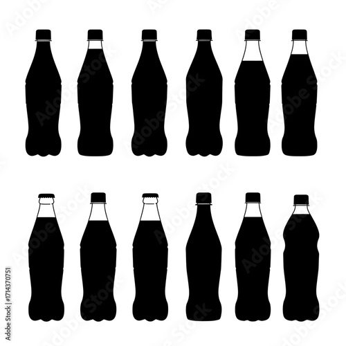 Collection of classic soda bottles silhouette isolated on beverage container set isolated on white background Vector Illustration