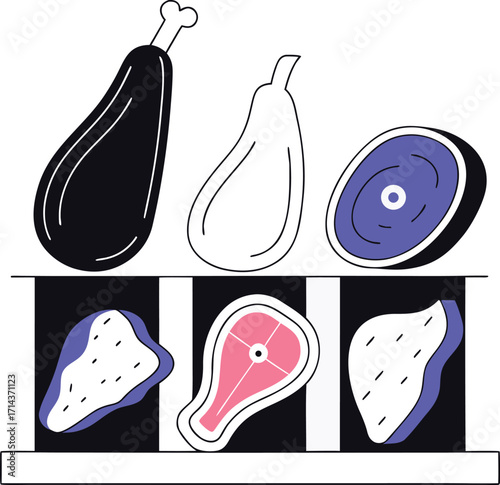 Raw Meat Cuts And Poultry Leg With Bone On A Black Background Keywords: raw meat, beef steak, lamb