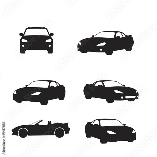 Collection of silhouetted sports cars showing diverse angles and styles for automotive design and graphic projects isolated on white background Vector Illustration