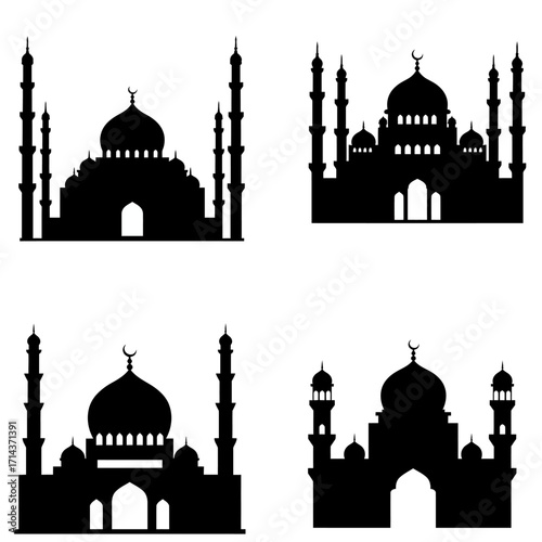 Collection of four silhouette mosques architectural designs islamic cultural heritage buildings sacred places of worship isolated on white background Vector Illustration