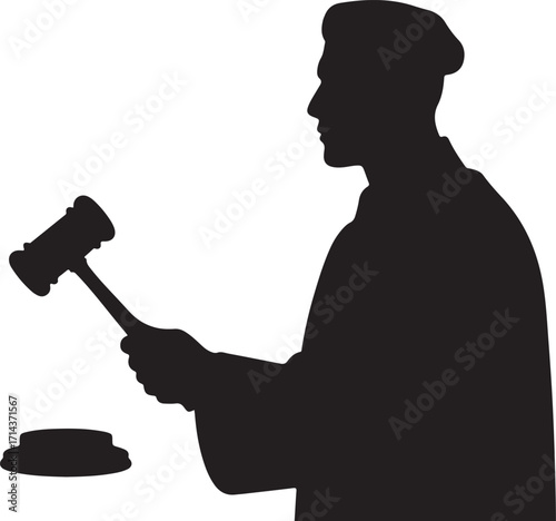 Black silhouette of a judge holding gavel on a white background, minimal style