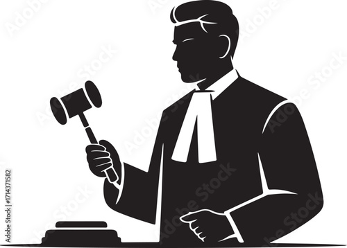 Black silhouette of a judge holding gavel on a white background, minimal style
