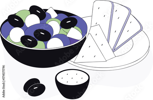 Salad With Mozzarella Olives And Watermelon Slices With Dip Keywords: salad, mozzarella, olives