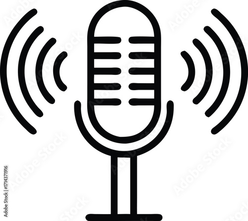 Vintage microphone symbol with sound waves representing audio broadcasting and recording vector