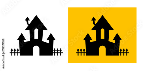 Haunted house. Vector black icon isolated on white and orange backgrounds.
